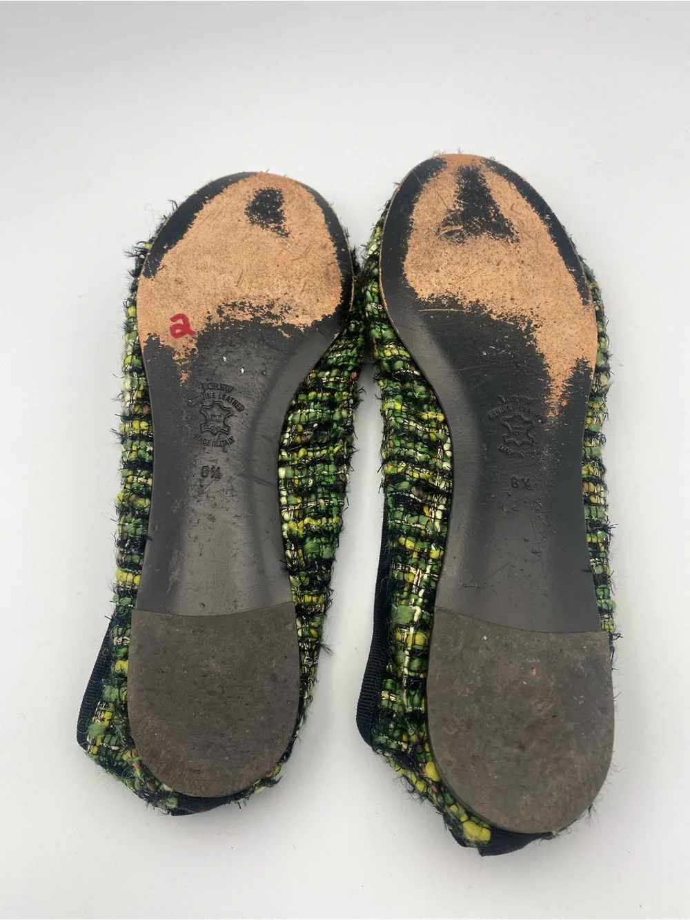 J. Crew Green Tweed Ballet Flats with Gold Insole